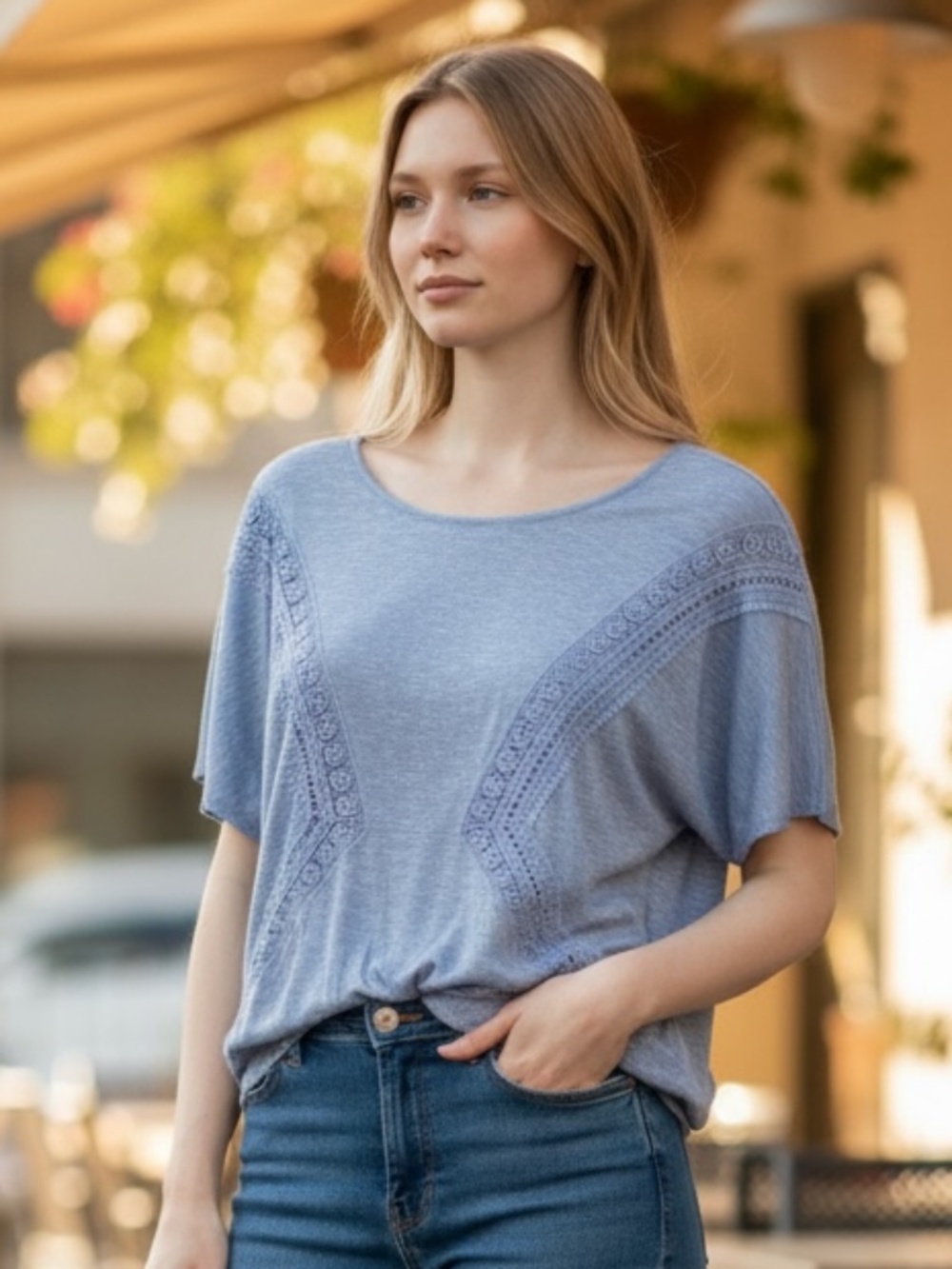 I.N. STUDIO Women's blue top with lace , plus size 1X